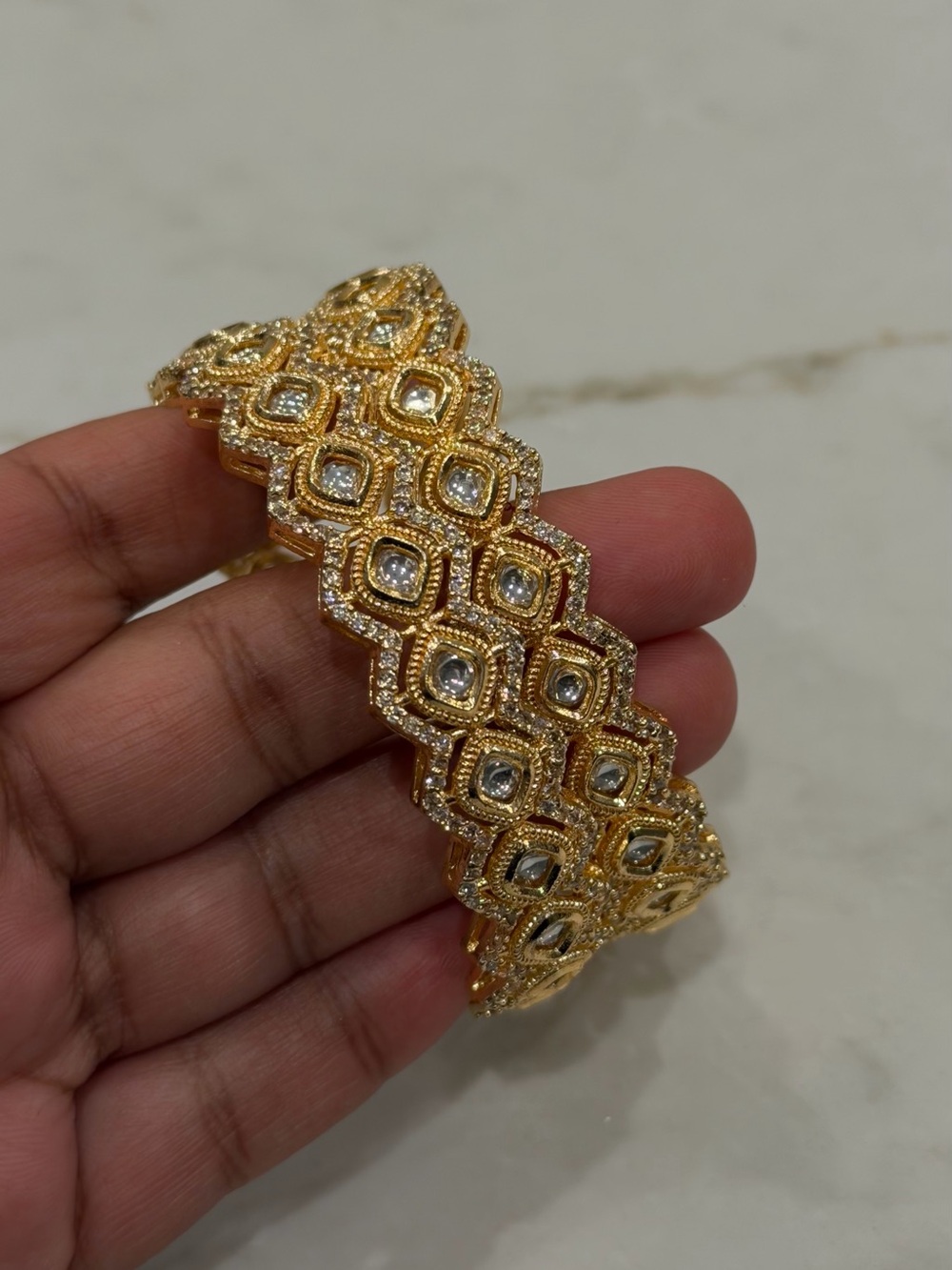 Champagne Gold Kundan Style Bangle Set of 2 | Size 2.2